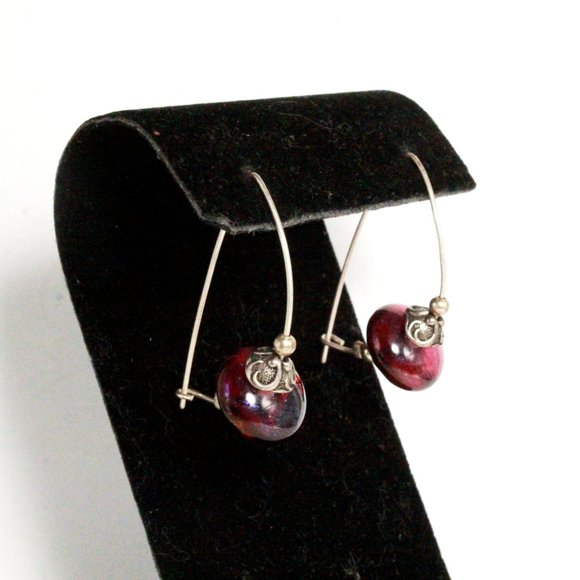 Sterling Silver Iridescent Cranberry Tumble Glass Long Dangle Earrings - Picture 6 of 8